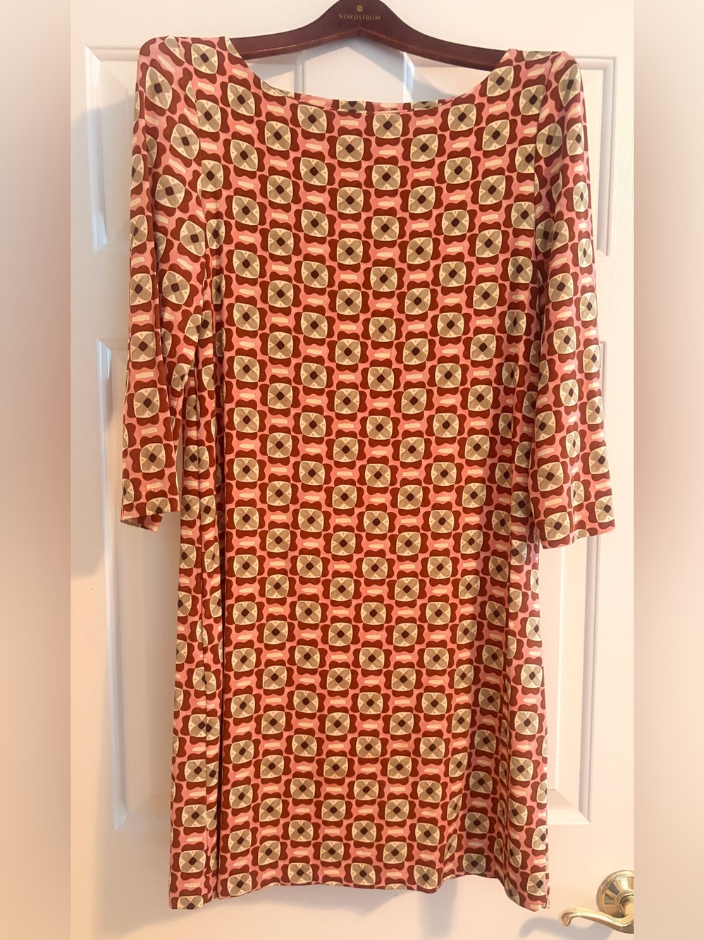 Maliparmi Coral, Rust +Tan Geometric Midi Dress